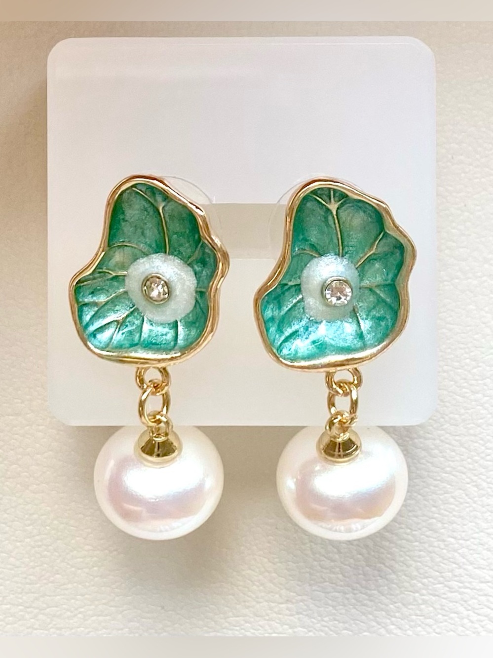 Green Enamel Floral Pearl Drop Earrings